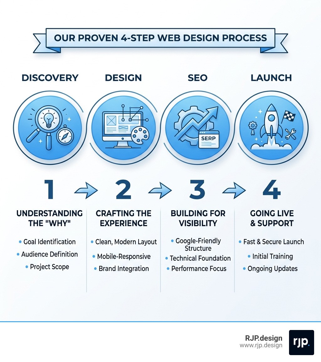 Infographic showing the 4-step web design process: Discovery, Design, SEO, and Launch - affordable website design near me