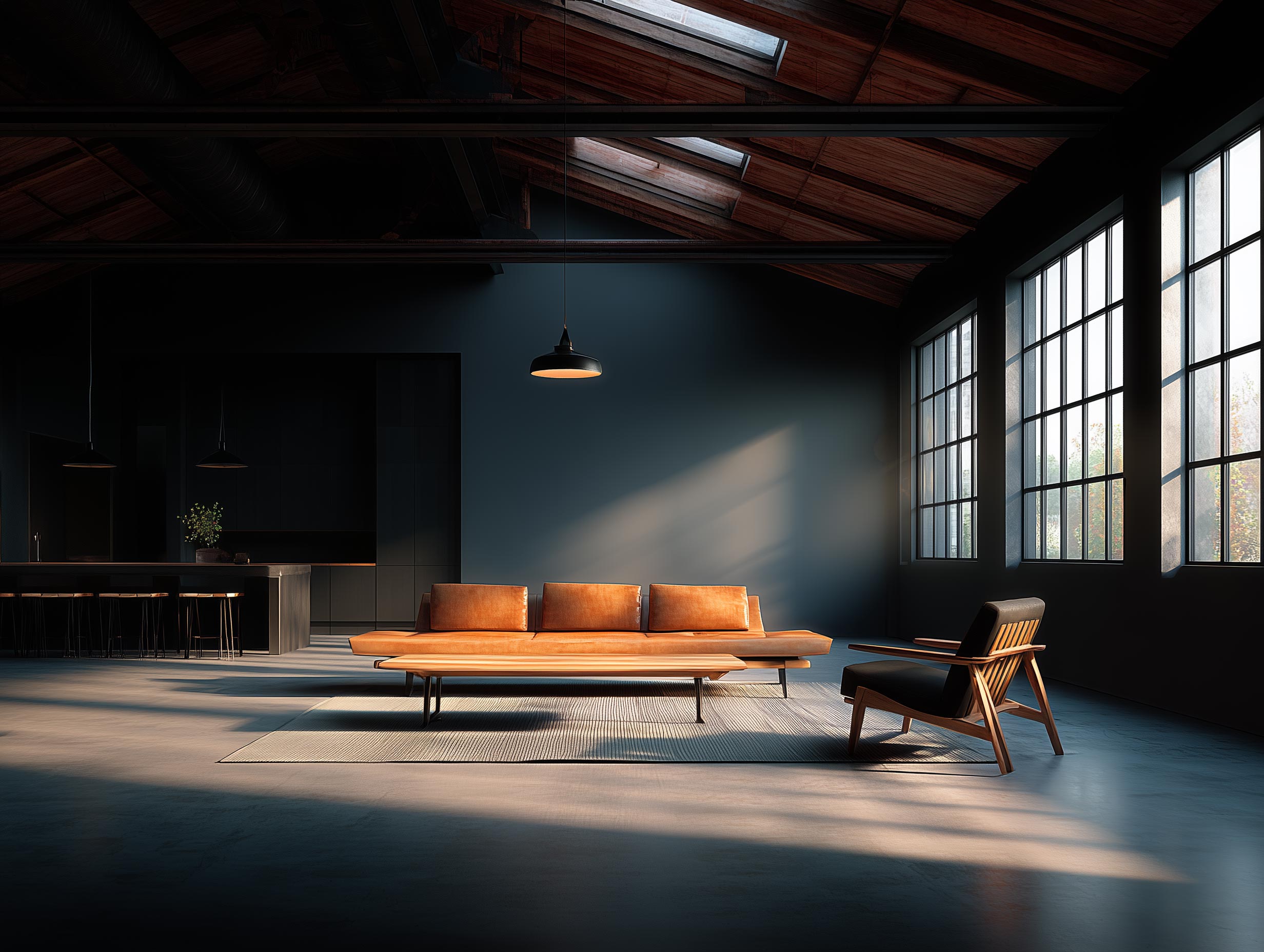 Close-up of seating area with textured sofa, warm sunlight across dark floorboards.