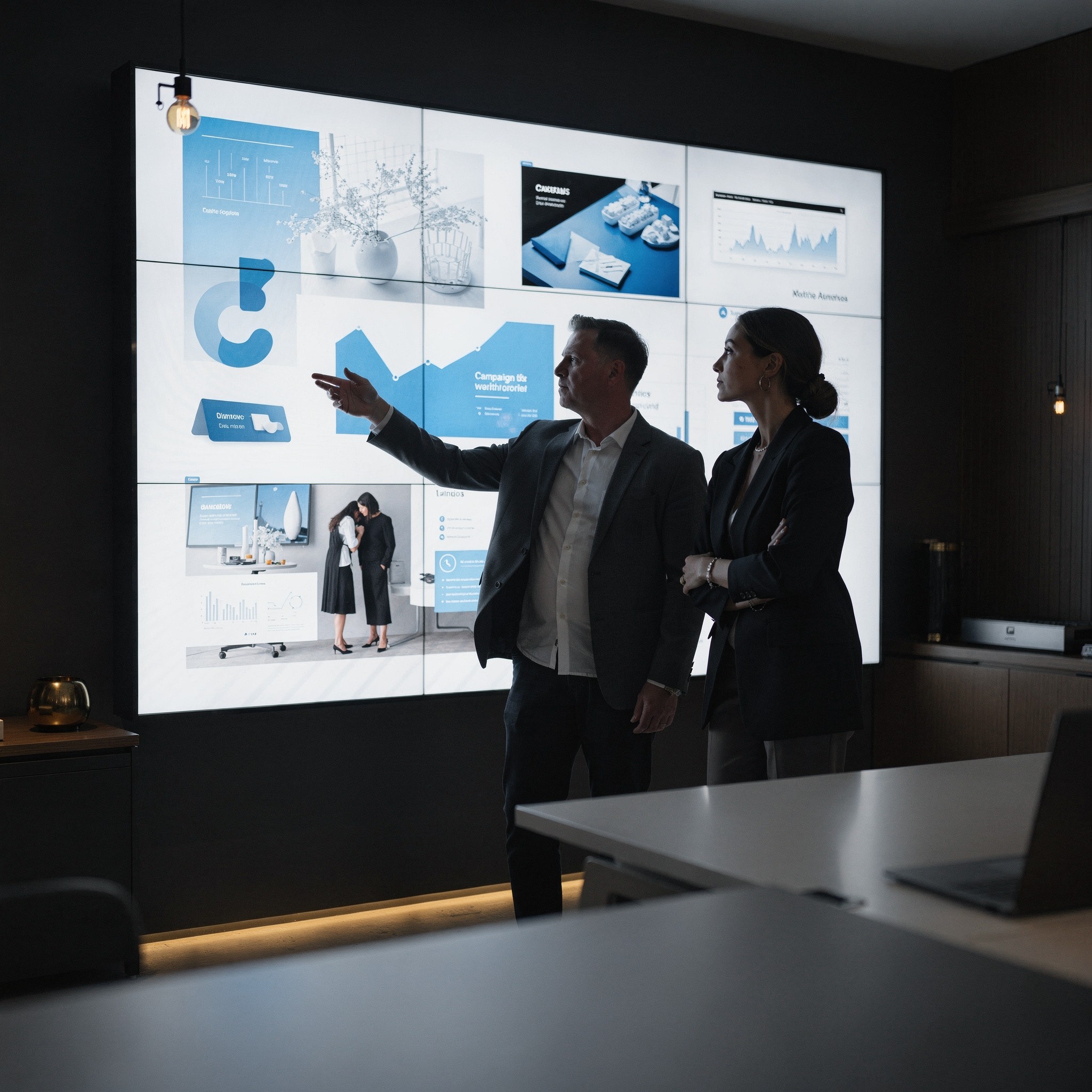 A man in a suit points to a large screen displaying various charts and graphs, while a woman in a suit stands beside him