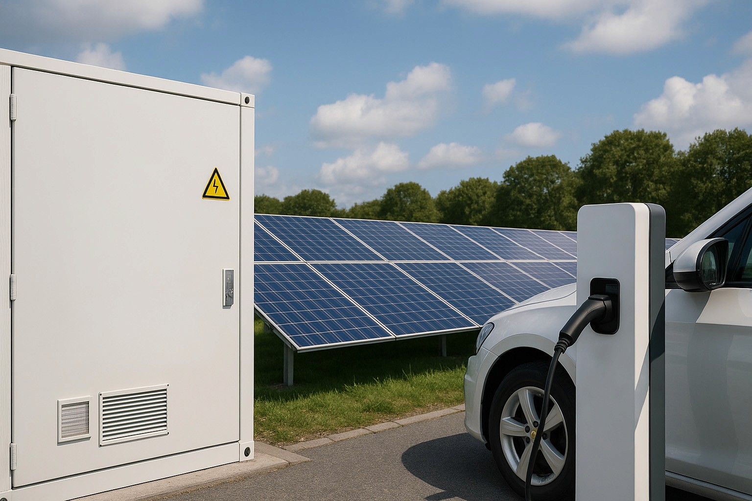 Ev Car being charged by ev Charger power by Solar panels & energy Storages