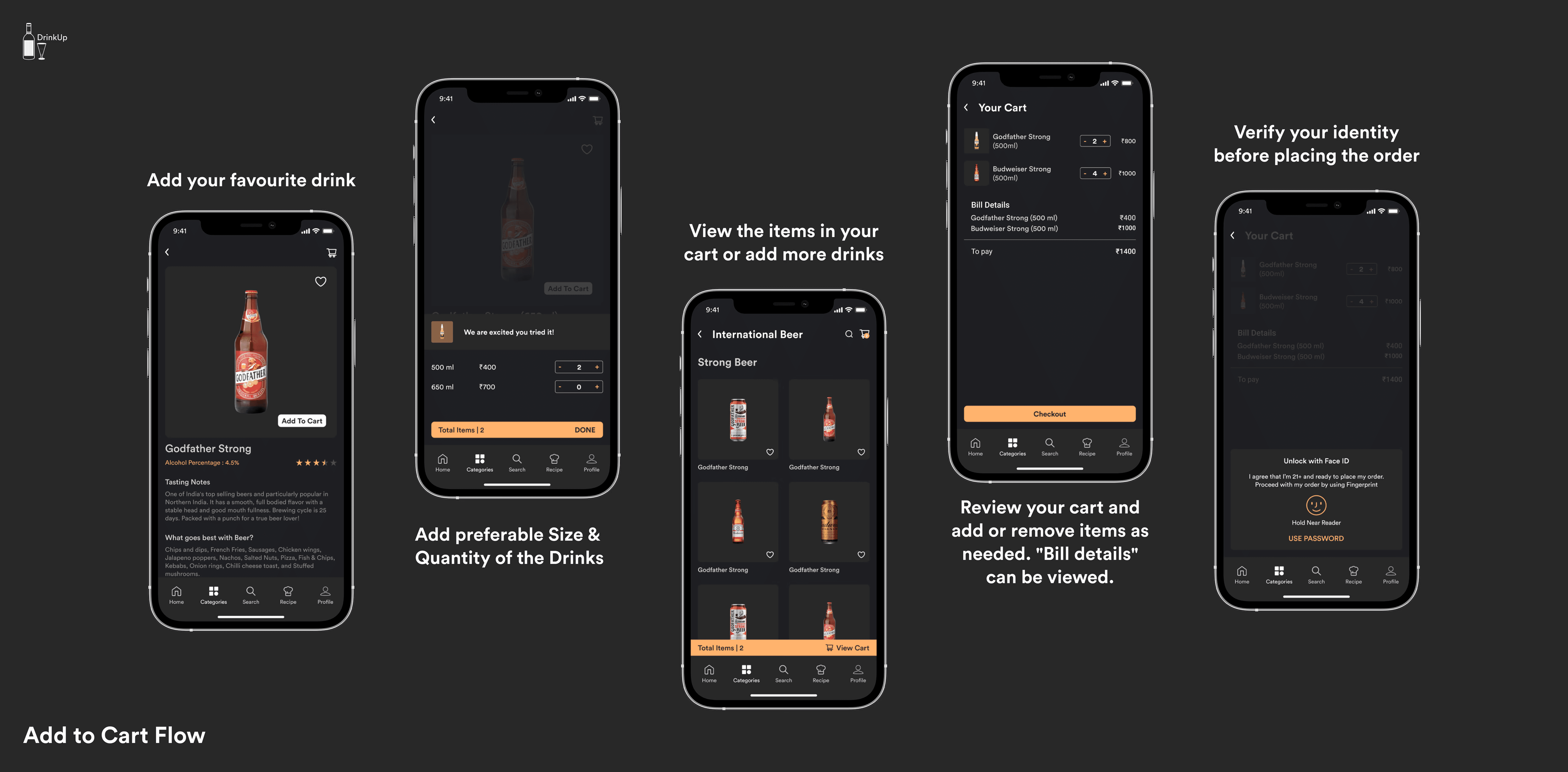 Add-to-cart flow is explained by selecting a drink, choosing size and quantity, viewing category options, reviewing the cart with bill details, and verifying identity using Face ID or password before checkout