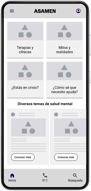 Prototipo de baja fidelidad (wireframes) en blanco y negro para pruebas de usabilidad; permite evaluar la estructura y el flujo de navegación con usuarios para obtener hallazgos estratégicos antes de la fase de diseño visual de alta fidelidad.