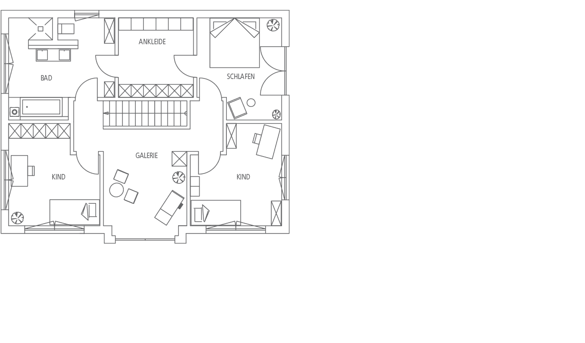 Grundriss eines Wohnraums mit Schlafzimmer, Ankleide, Galerie, Kinderzimmern und Badezimmer.