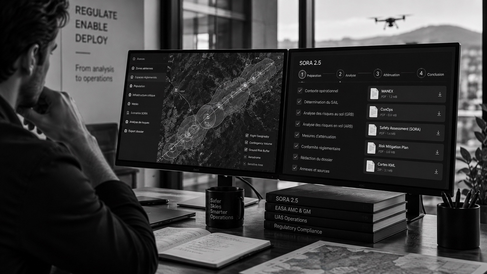 Poste de préparation d’un dossier SORA 2.5 : cartographie des risques au sol et en vol, étapes d’analyse et documents générés avec leurs sources