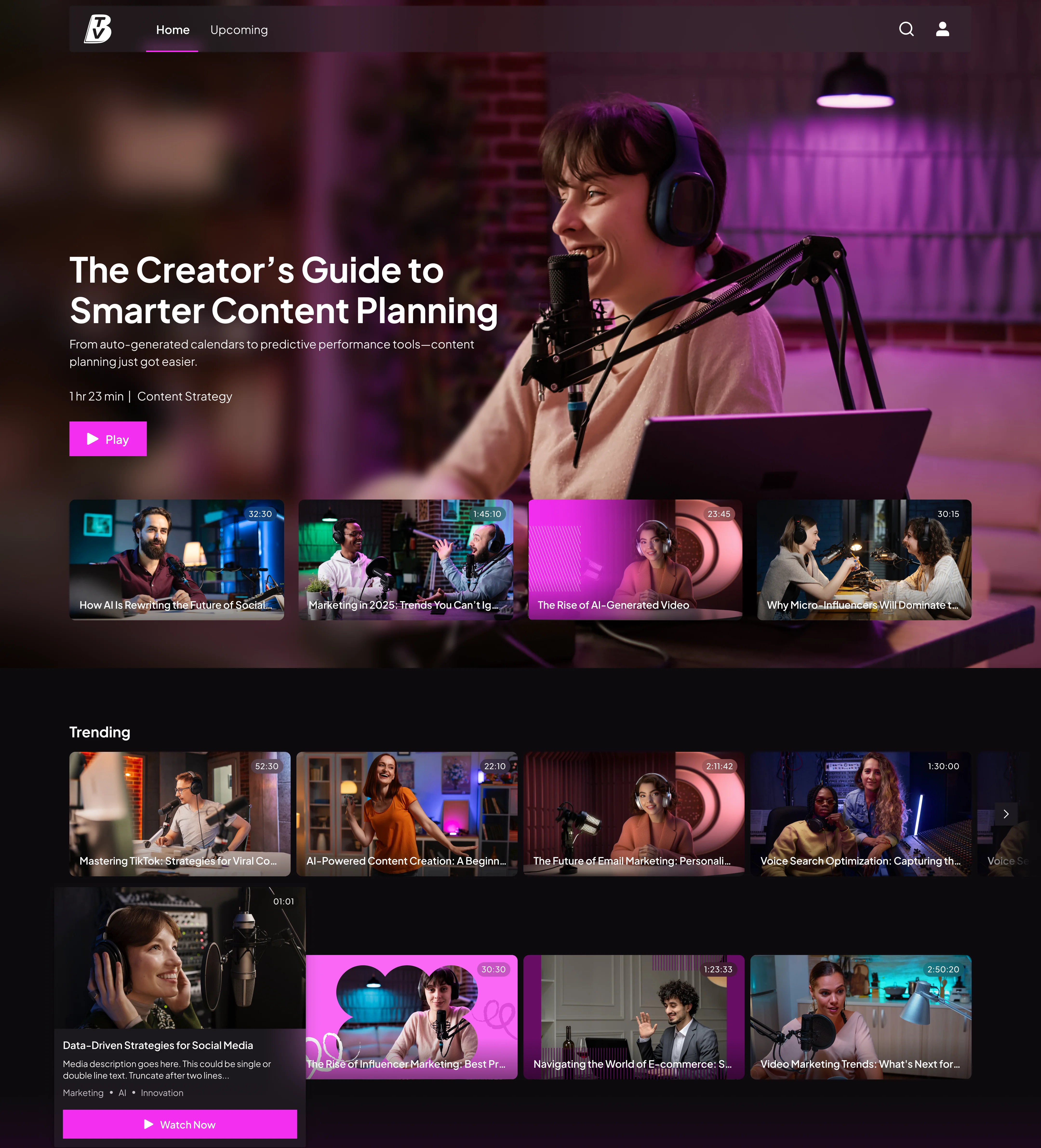 BrandTV Sites UI showing a video streaming interface with a featured episode and thumbnail grid below