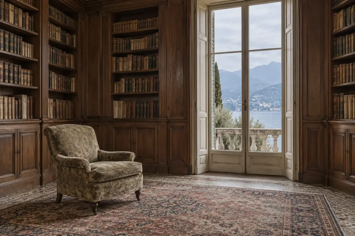A walnut-panelled library with a window onto the lake
