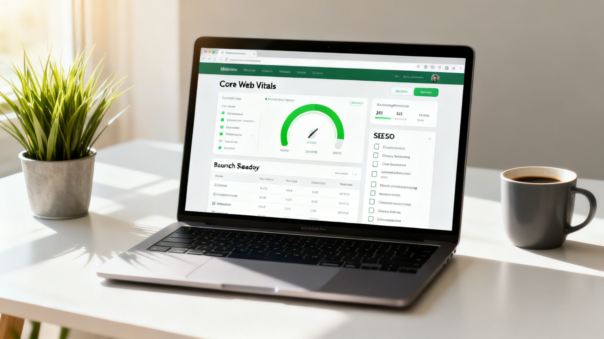 A laptop on a white desk displays a website performance dashboard, alongside a plant and coffee mug.