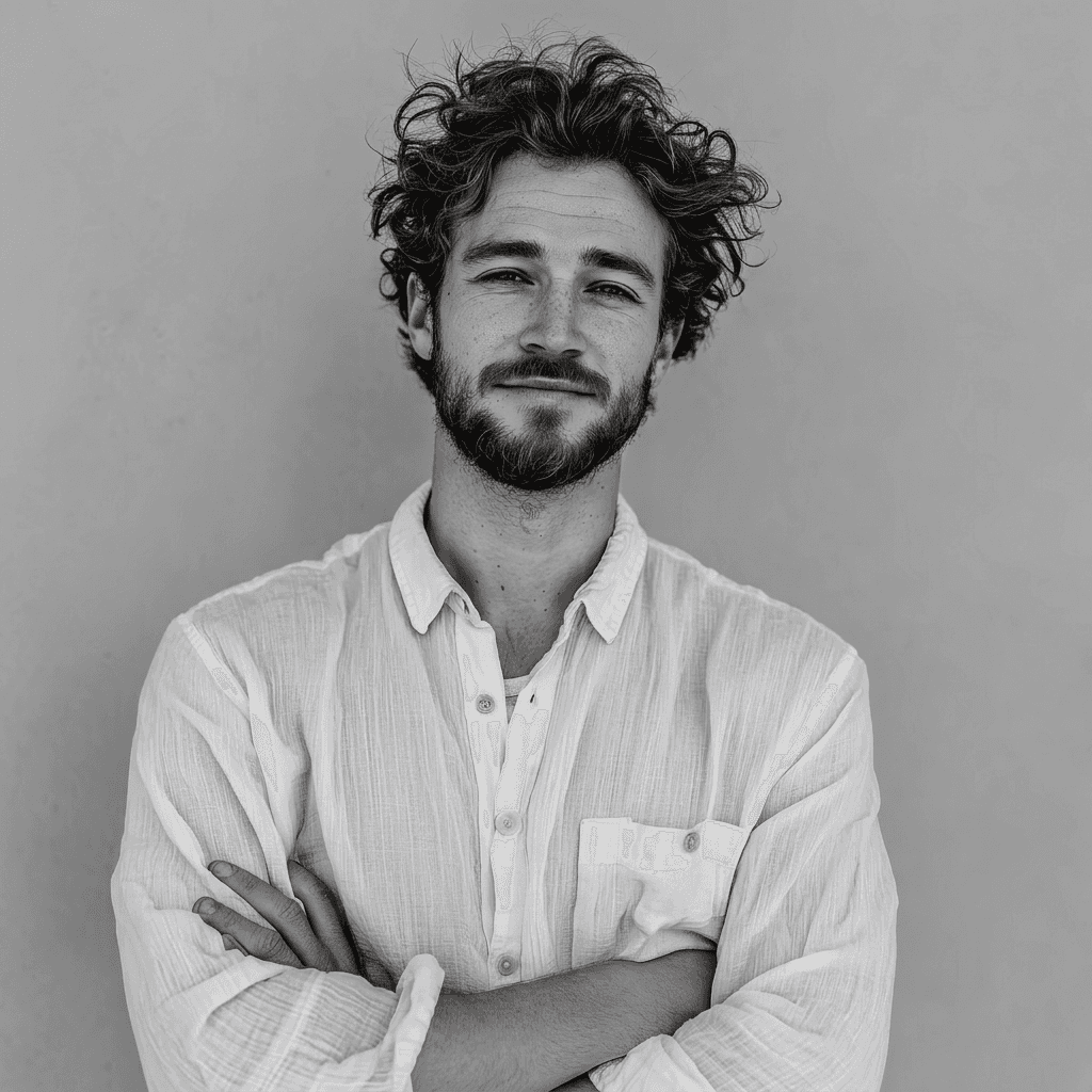 Minimal studio portrait of a confident woman in a white shirt, arms crossed, on a soft gray background.