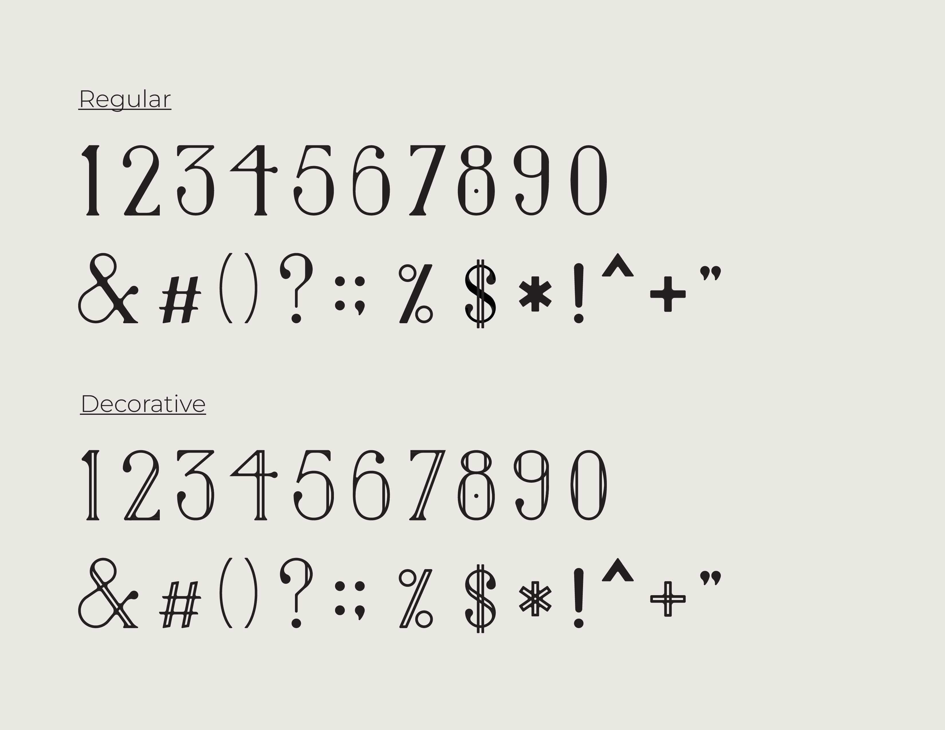 The final typeface letterforms. There are two versions, a solid version and a decorative version that have the strokes outline. These are the numbers and symbols.