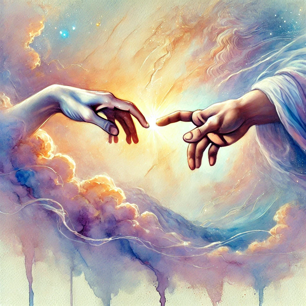 AI-generated image of Michaelangelo's God's hand touching the human hand