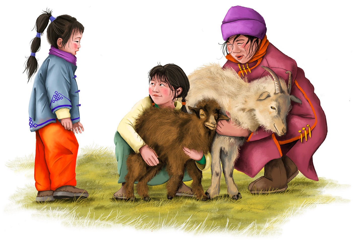 Zwei mongolische Mädchen und eine Frau halten zwei Kaschmirziegen im Arm