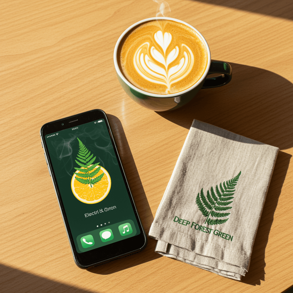 Latte and napkin next to a phone showing a lime green "Electric Citron" app.