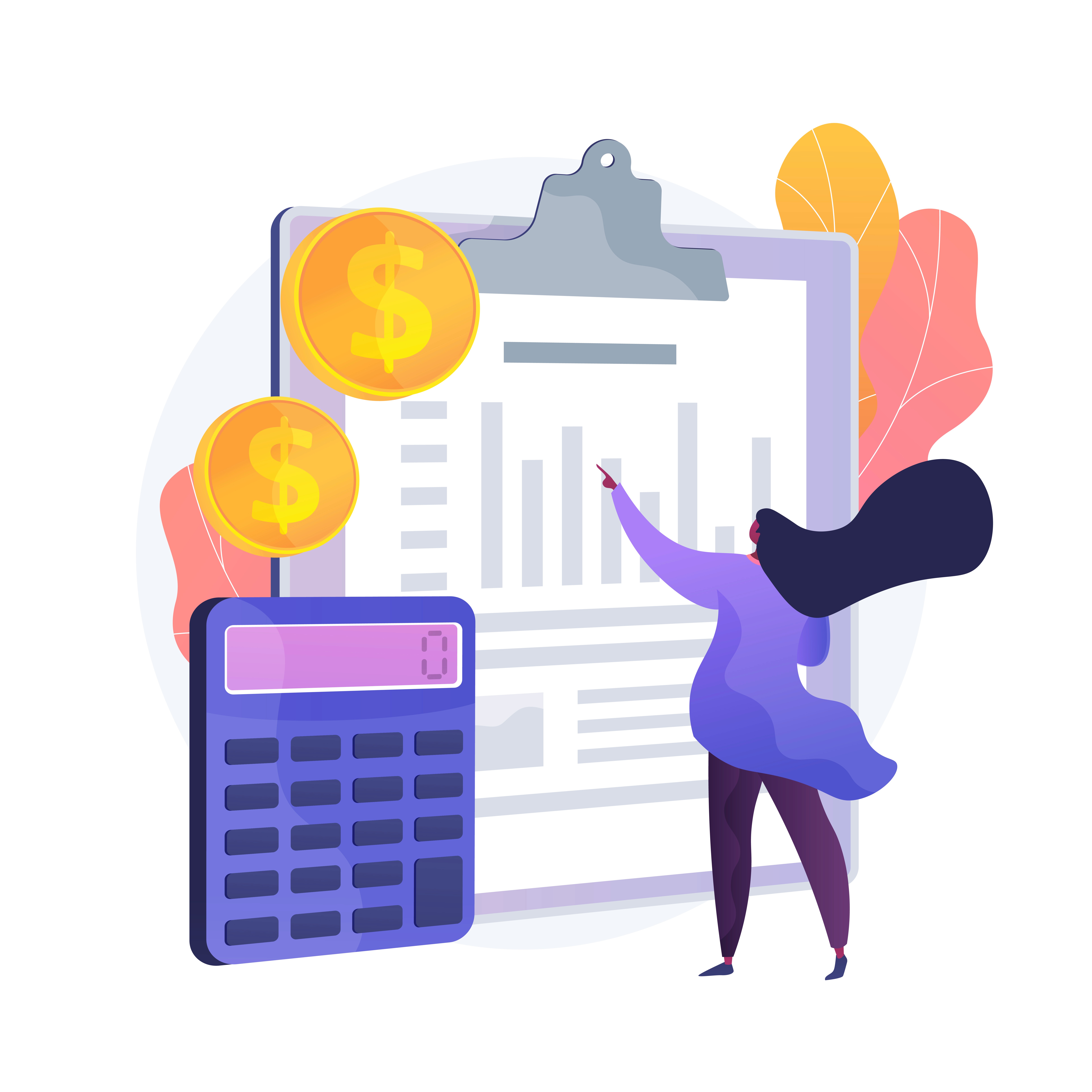 An illustration of a professional lady assessing payroll reports with currency and calculator details. 