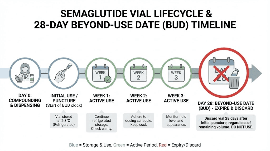 Semaglutide beyond-use date 28-day timeline from compounding to expiration