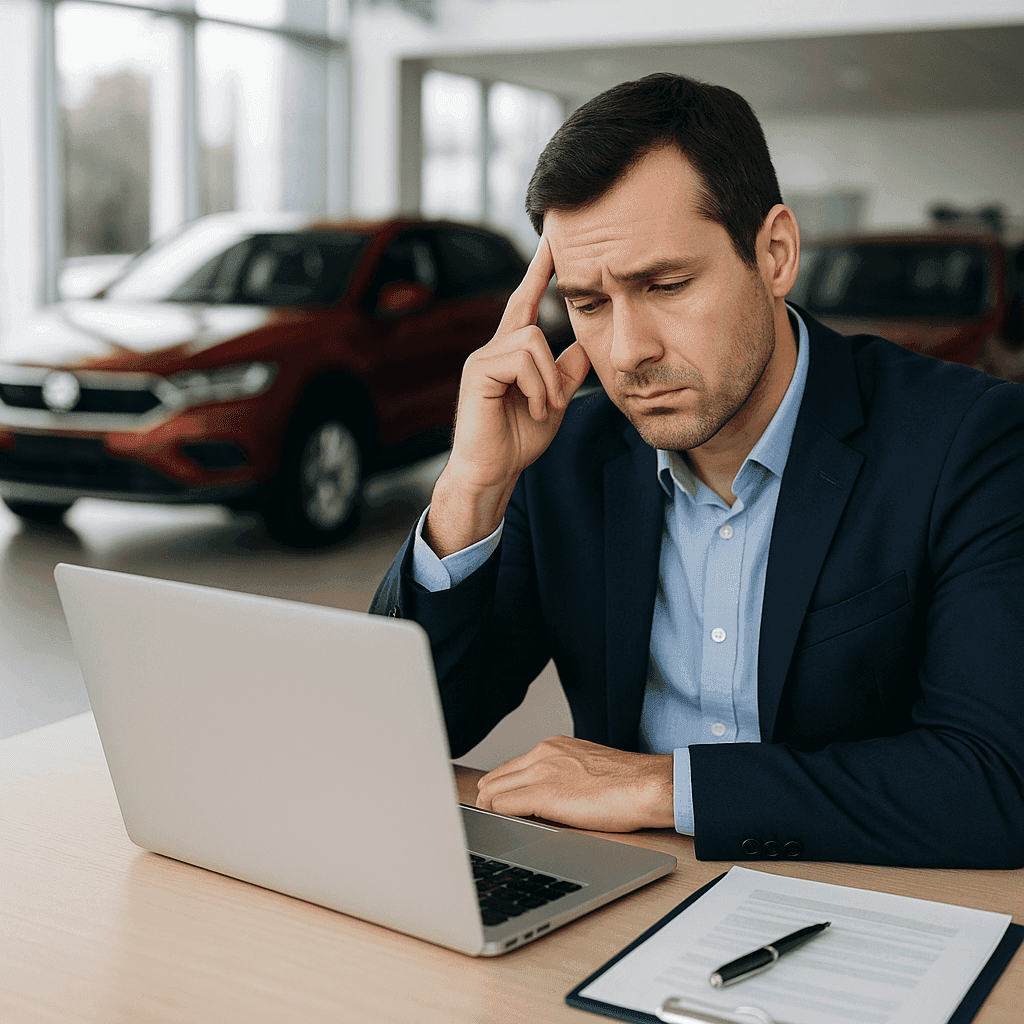 Man looking stressed at laptop in car dealership