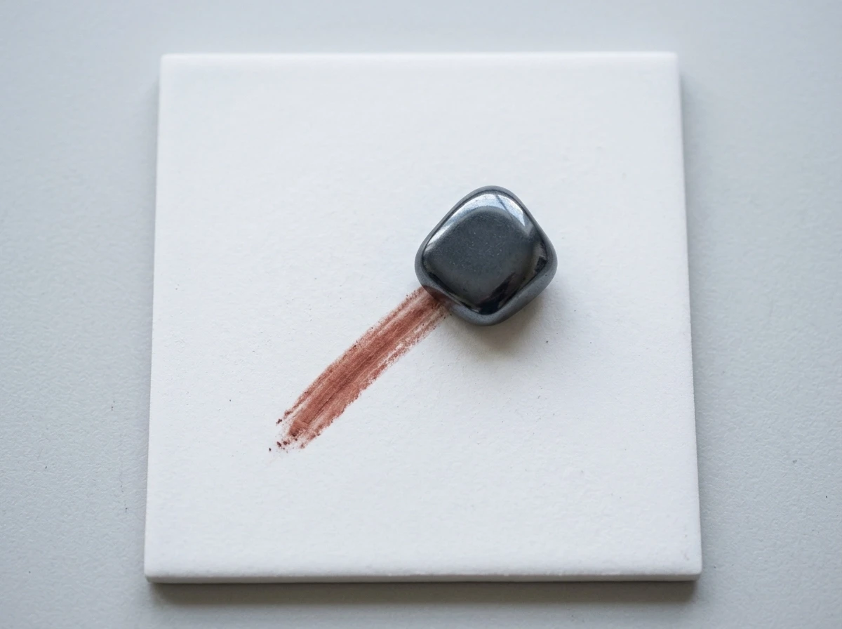 Hematite stone showing red-brown streak on white porcelain tile