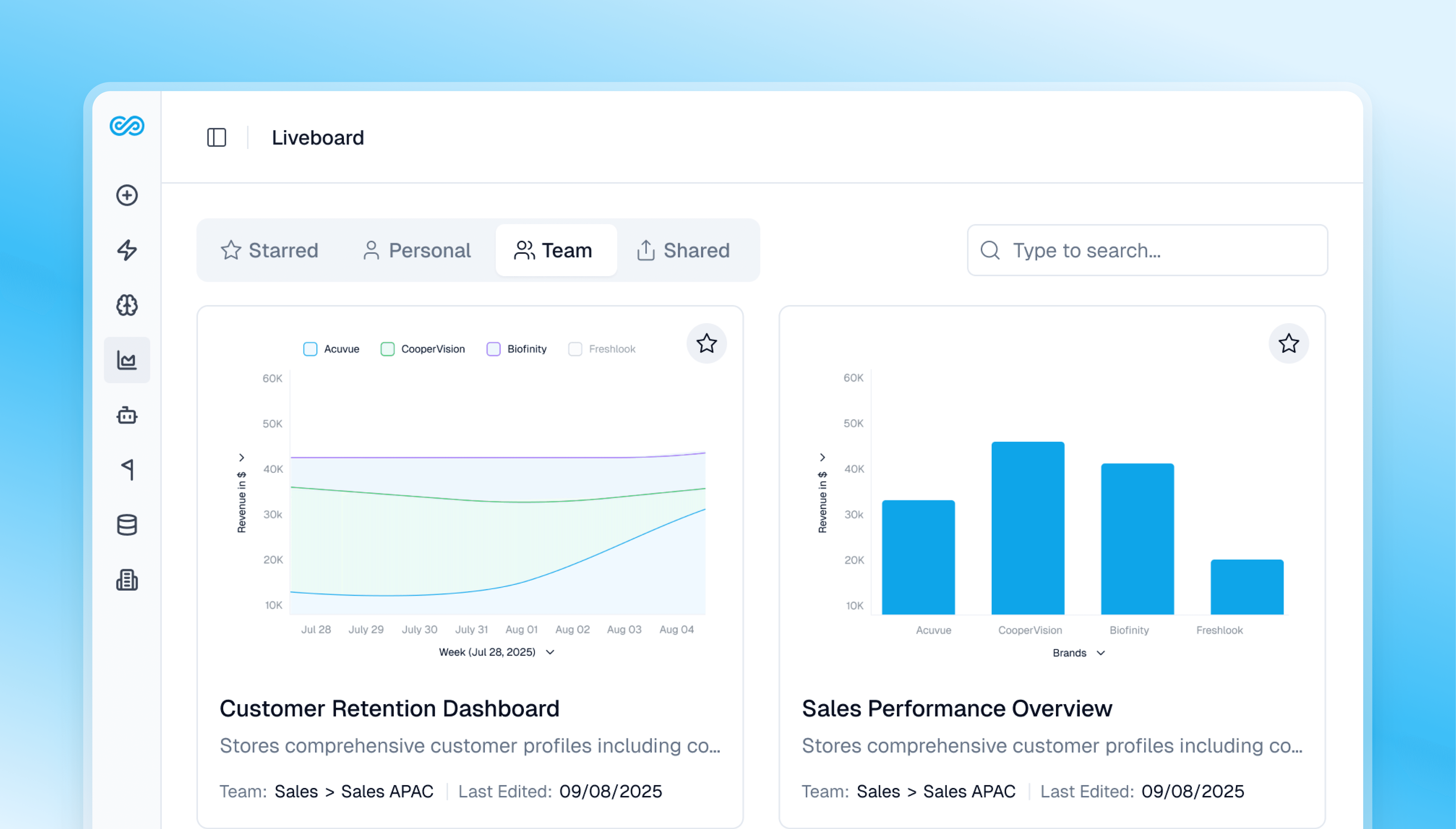 A blue-themed interface displaying a search bar and navigation icons at the top of the screen.