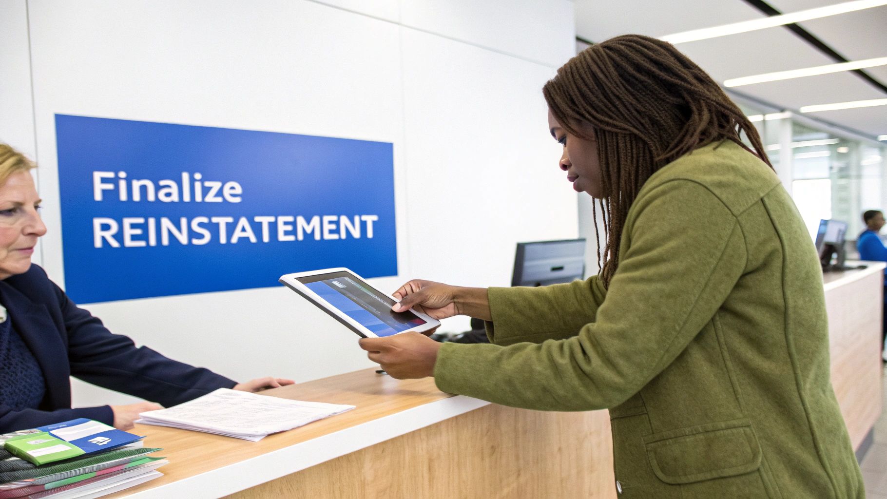 A woman uses a tablet at a counter while another person sits behind it, with a 'Finalize REINSTATEMENT' sign in the background.