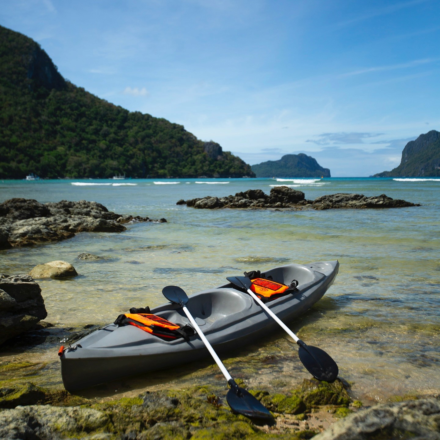 Kayak with paddles on seashore.
