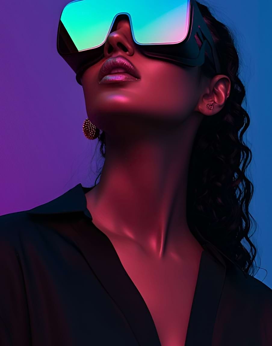 A woman gazes upward wearing large, reflective VR goggles. The lighting is a vibrant mix of pink and blue, creating a futuristic and bold atmosphere.