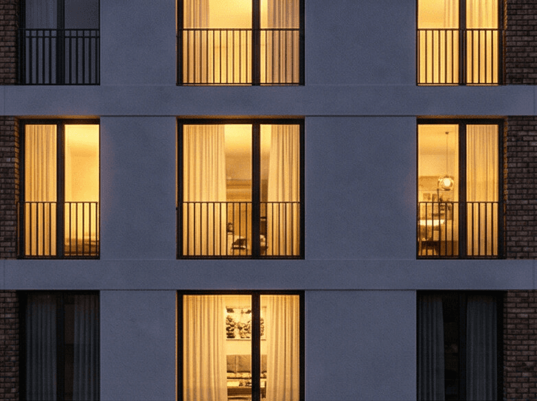 Abendstimmung in Remshalden. Der Neubau in der blauen Stunde, wobei das warme Licht aus den Fenstern der Wohnungen einladend strahlt und die hochwertige Architektur hervorhebt.