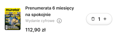 A compact UI product card for a digital subscription in the Murator checkout flow. The card features a small thumbnail of the magazine cover, the title 'Prenumerata 6 miesięcy na spokojnie', the price of 112,90 zł, and a quantity selector button (+1) for easy cart management