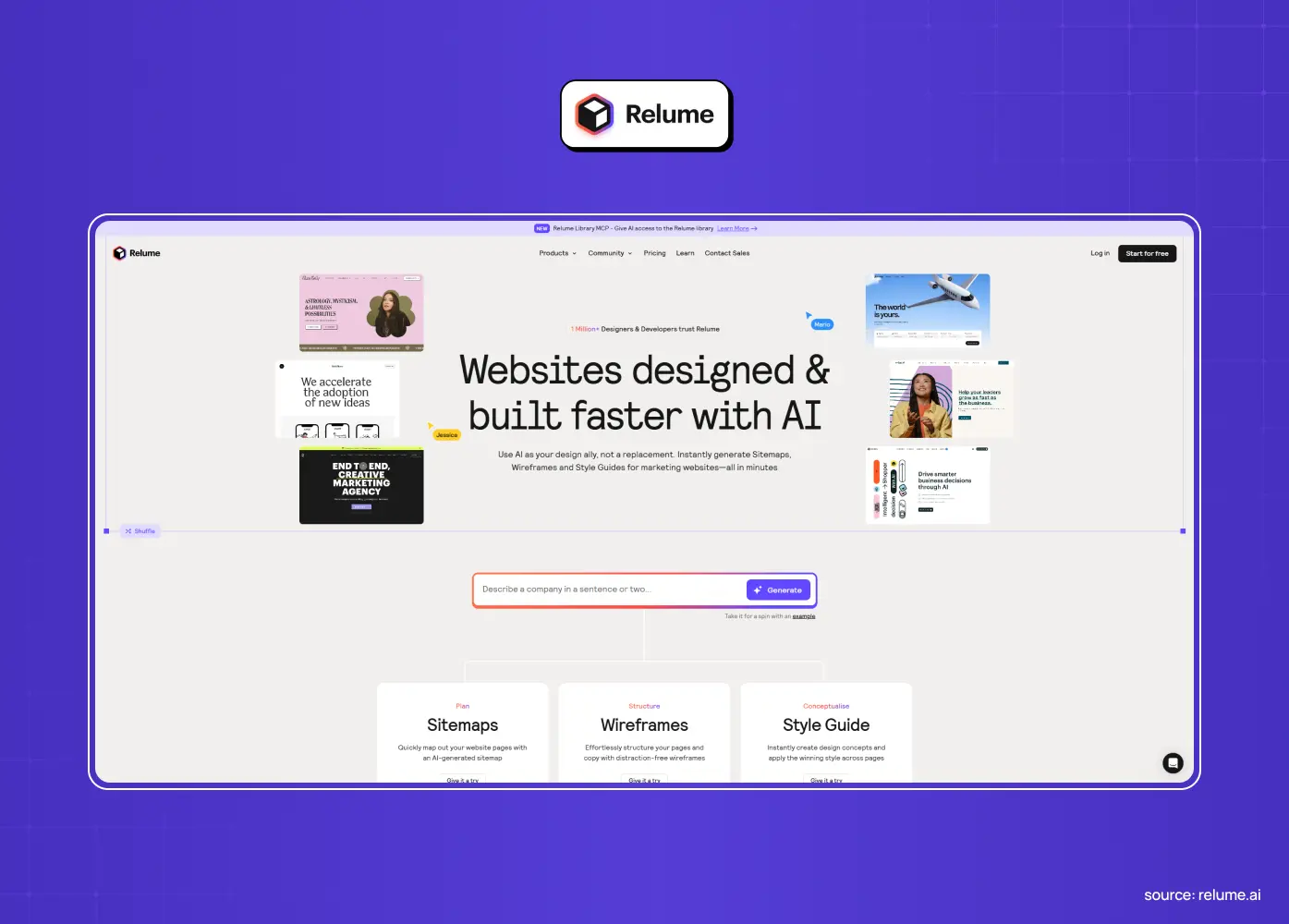 Screenshot of Relume featuring AI-assisted website planning with sitemap, wireframe, and style guide generation tools.