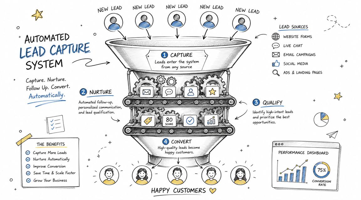 A diagram illustrating an automated lead capture system funnel with four stages: capture, nurture, qualify, and convert.