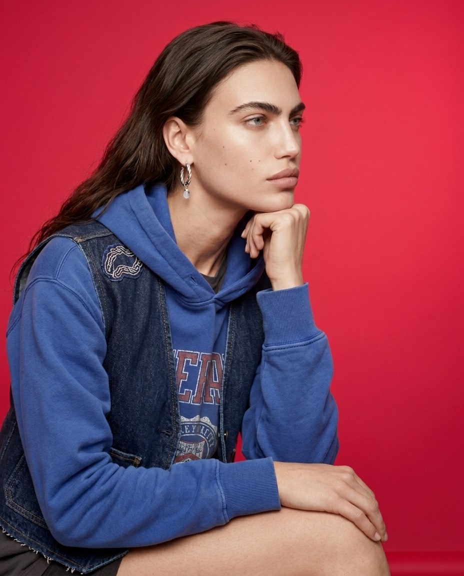 Mila Kovač AI model wearing hoop earrings, coastal outdoor editorial, white blazer, golden hour, Gemzy AI jewelry studio