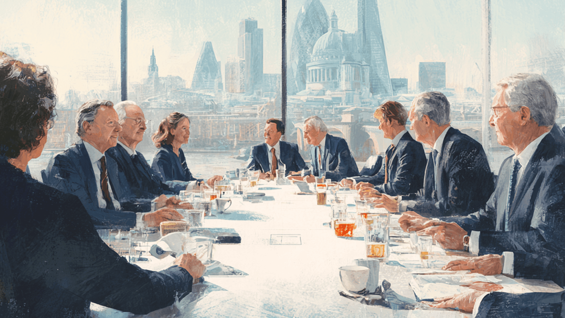 A group of senior executives seated around a long boardroom table in a high-rise meeting room, with a panoramic view of London landmarks such as St. Paul’s Cathedral and the Gherkin. The scene is painted in a soft, illustrative style, showing a formal discussion with documents, coffee cups, and glasses of water on the table.