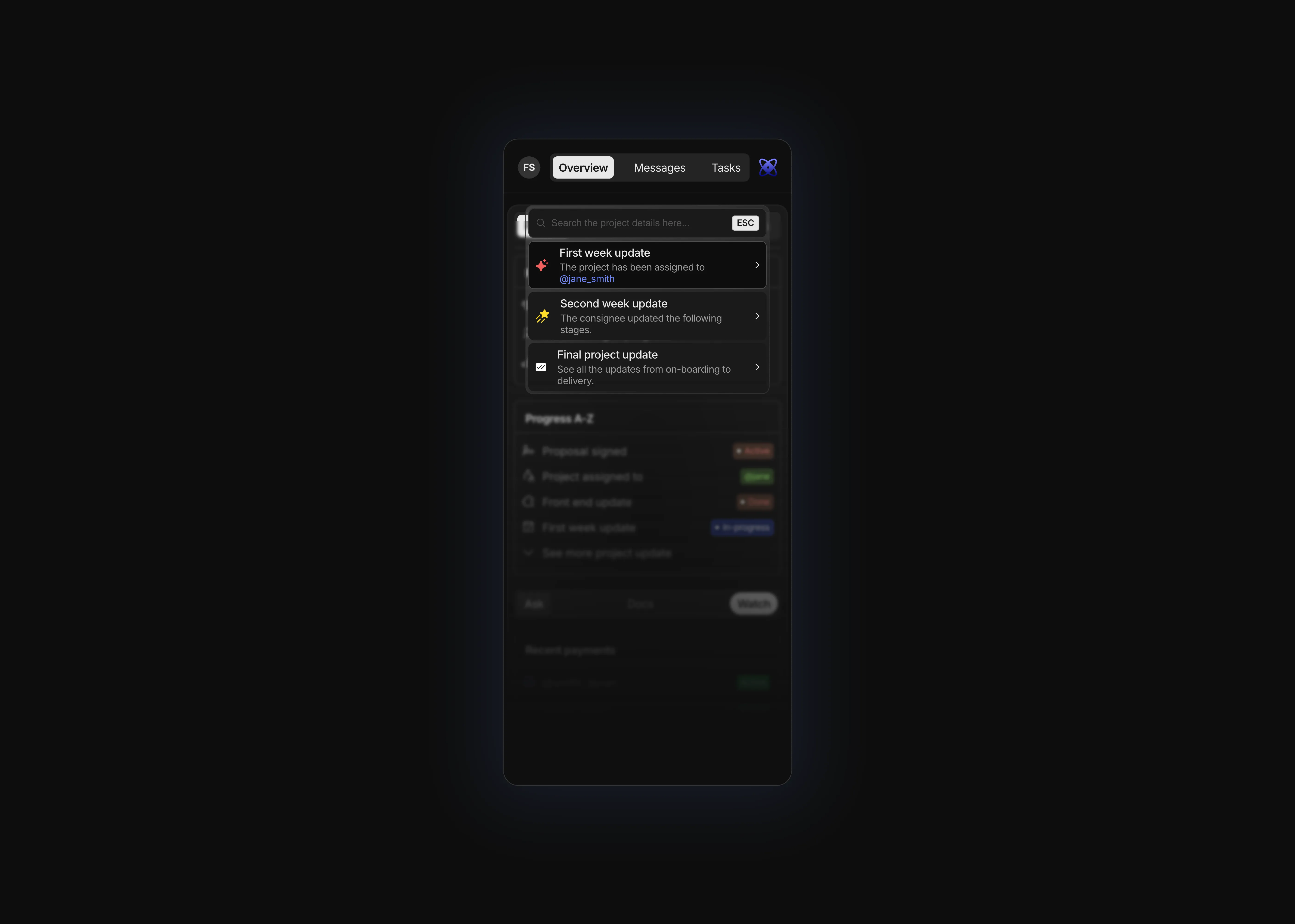 A dark themed dashboard with a dialogue box having a blurred background for phone screens.