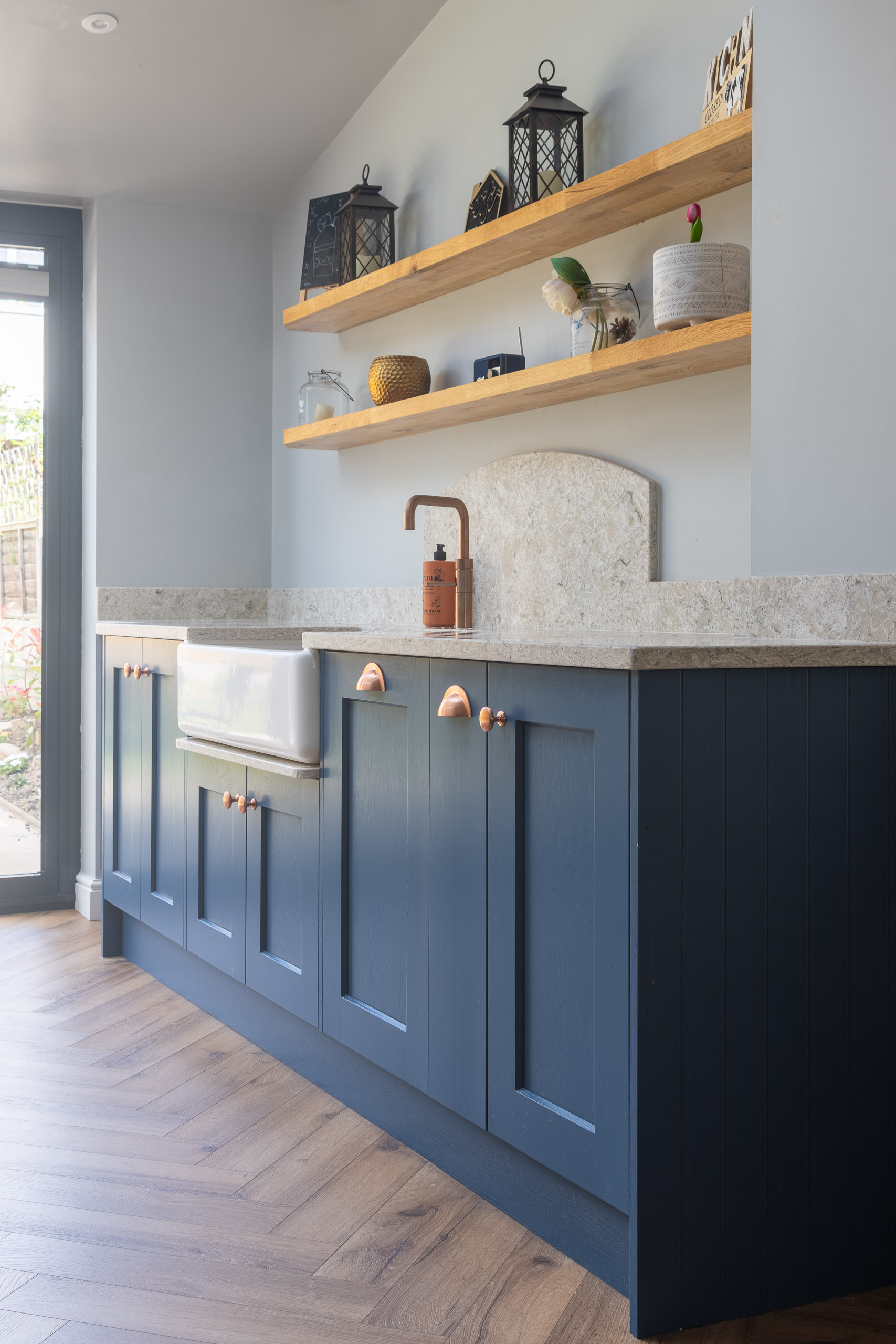 blue shaker kitchen with oak breakfast bar in gomersal, cleckheaton