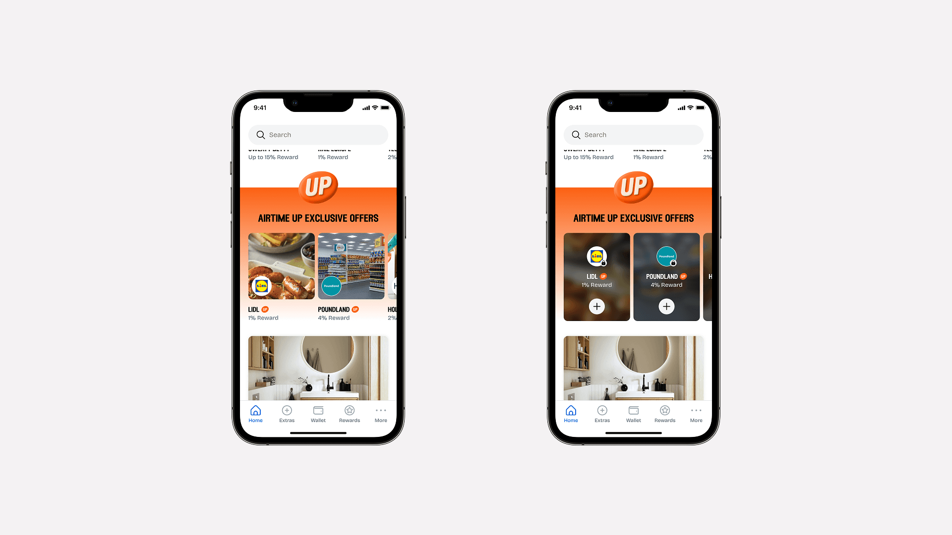 Comparison of Airtime UP offers carousel showing standard offer tiles versus locked retailer tiles.