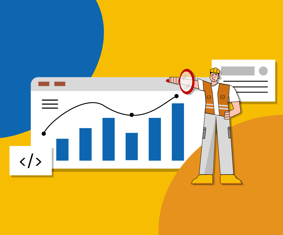Illustration representing an SEO service page, showing performance analysis, technical optimization, and growth tracking.