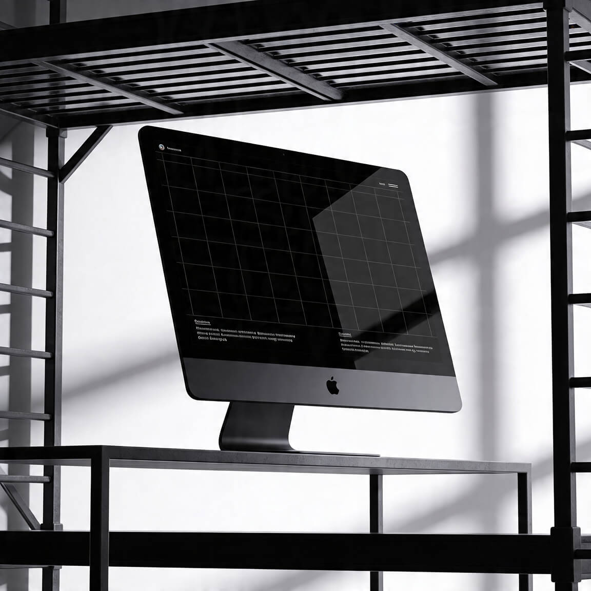 Desktop monitor mockup positioned within an industrial shelving structure with dramatic lighting and reflections.