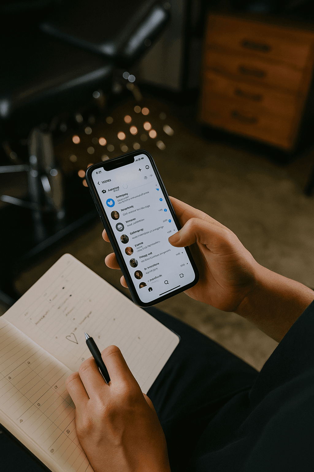 Person checking client messages on a smartphone next to an open notebook.