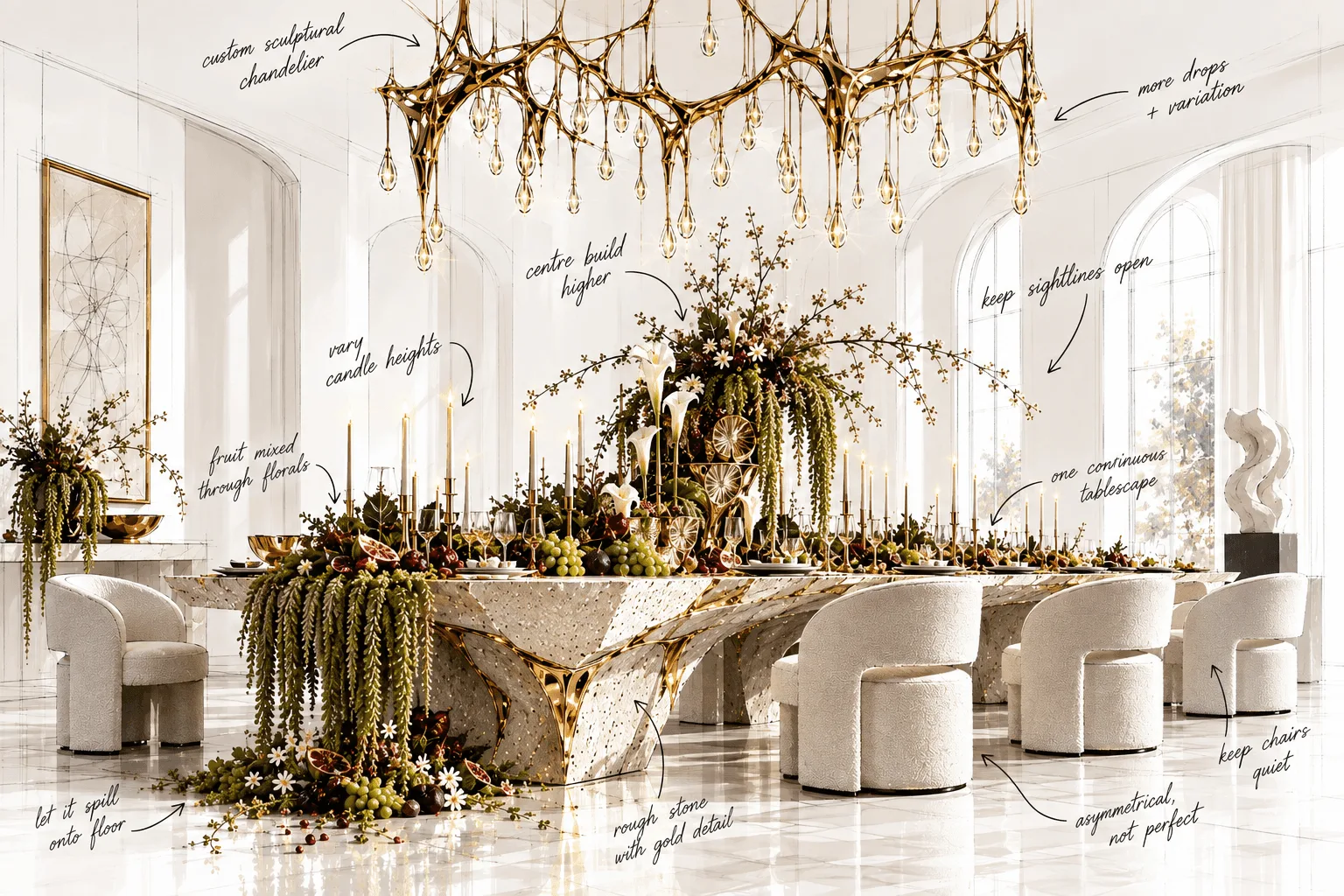 Styled banquet table with a sculptural gold chandelier, cascading greenery and boucle chairs