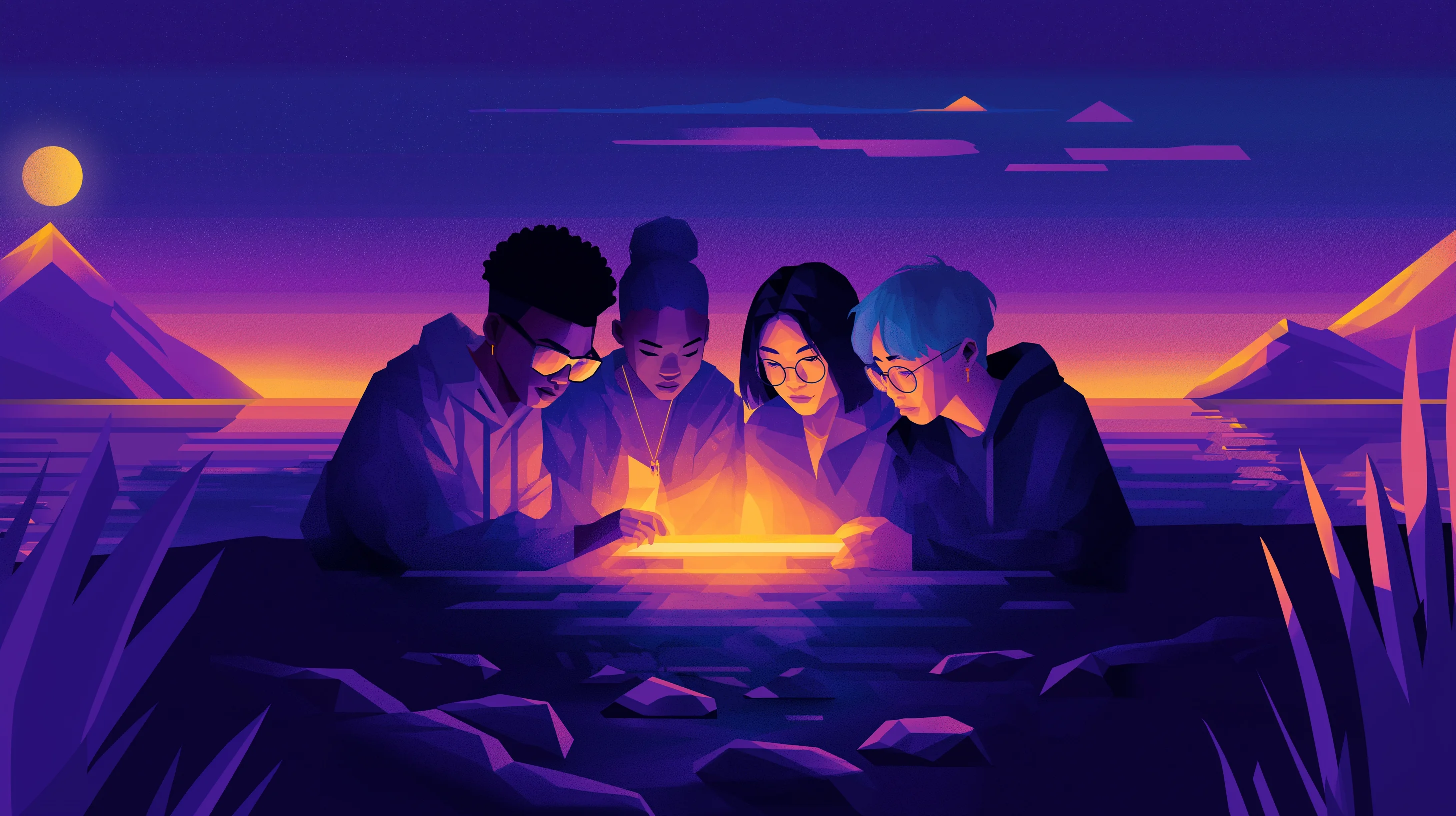 4 students looking at a glowing tablet, illustrative