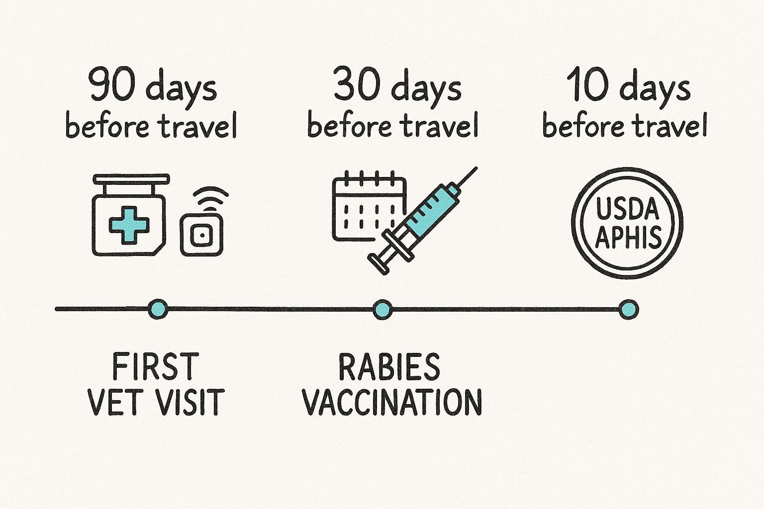Infographic showing a timeline for USDA APHIS pet travel, with milestones at 90, 30, and 10 days before travel.