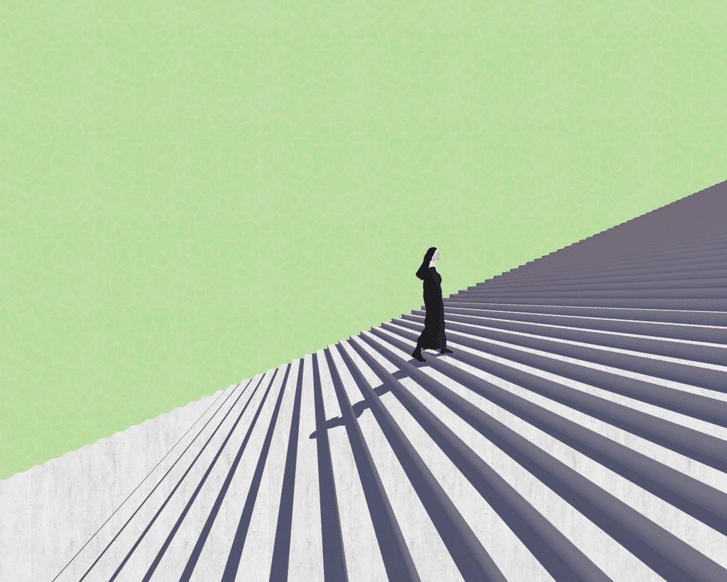A nun on a stairway against a green background.