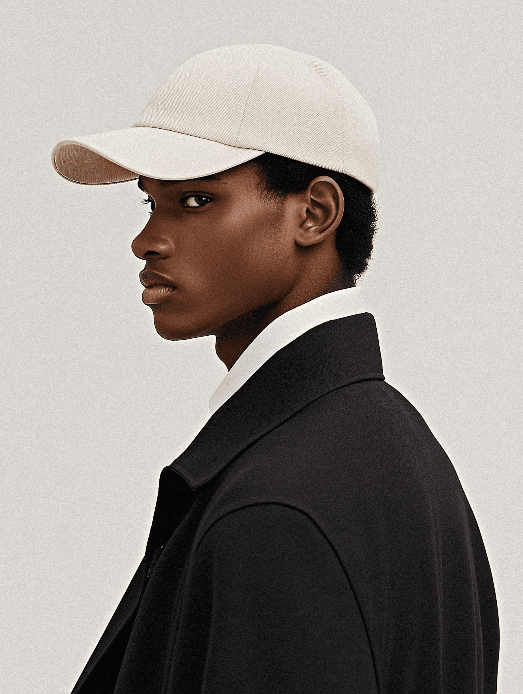 Stylish side profile of a man in a cream cap, black coat, and white shirt against a minimalist gray background.
