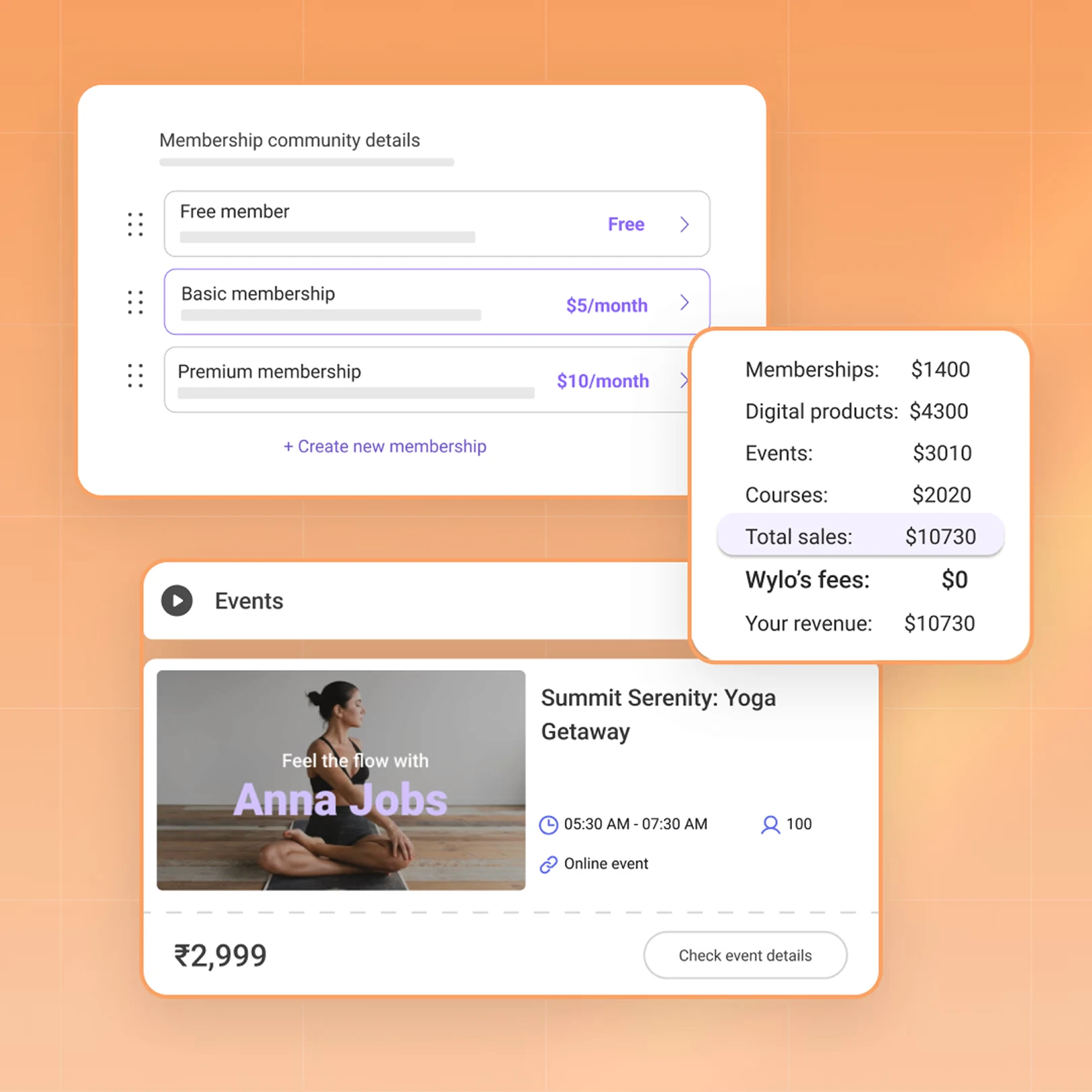 A paid coaching event listing and course module showing lessons and welcome video content within a demo coaching community.