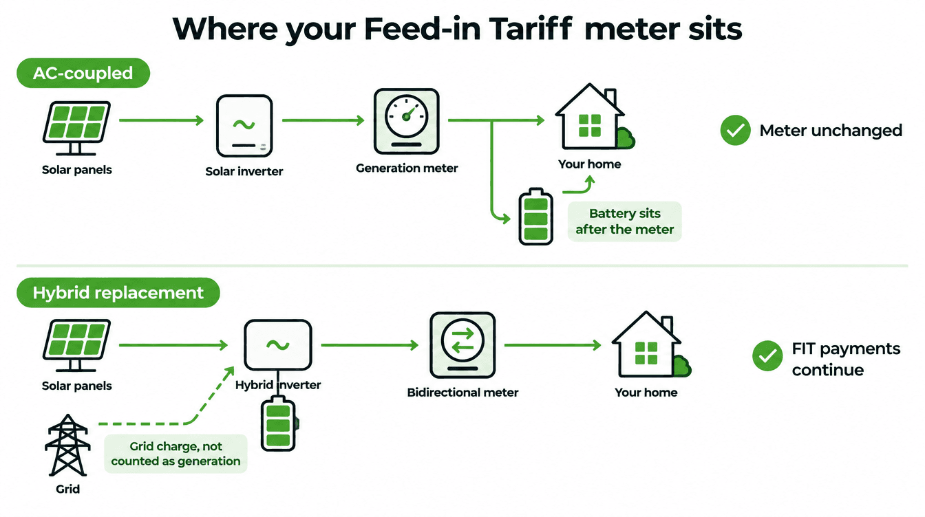 Diagram showing where the Feed-in Tariff generation meter sits with an AC-coupled battery and with a hybrid inverter and bidirectional meter