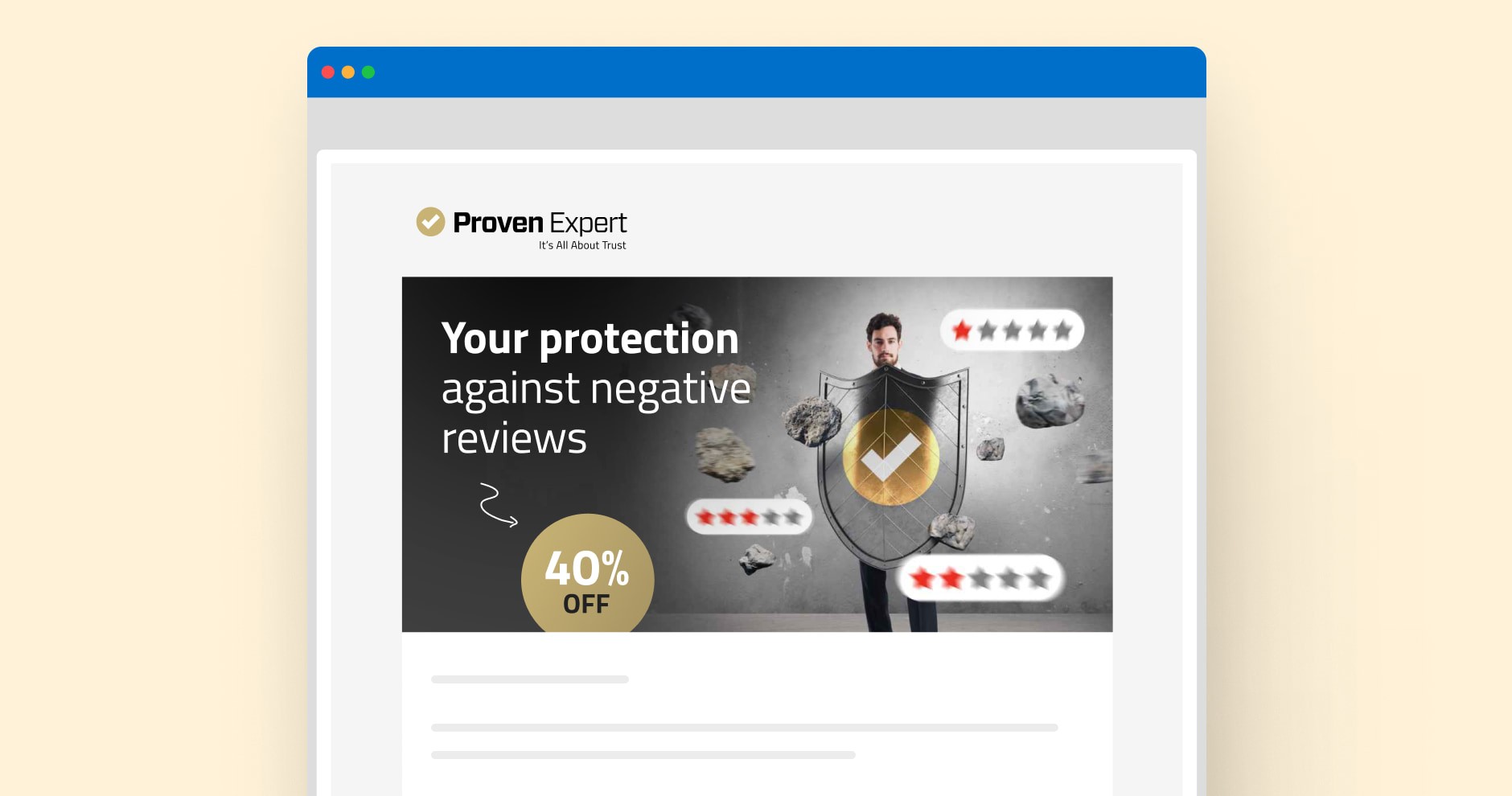 rowser mockup of a campaign email: "Your protection against negative reviews" with a man holding a shield blocking rocks shaped like 1-star reviews.