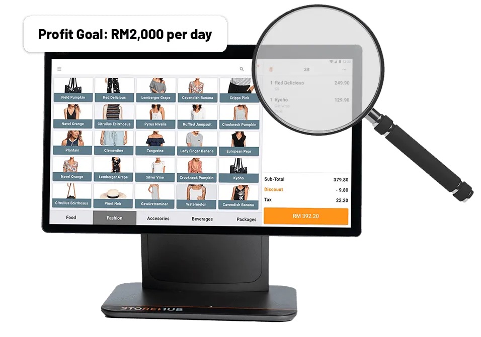StoreHub enterprise POS system showing sales transactions, product catalogue, and daily profit tracking.