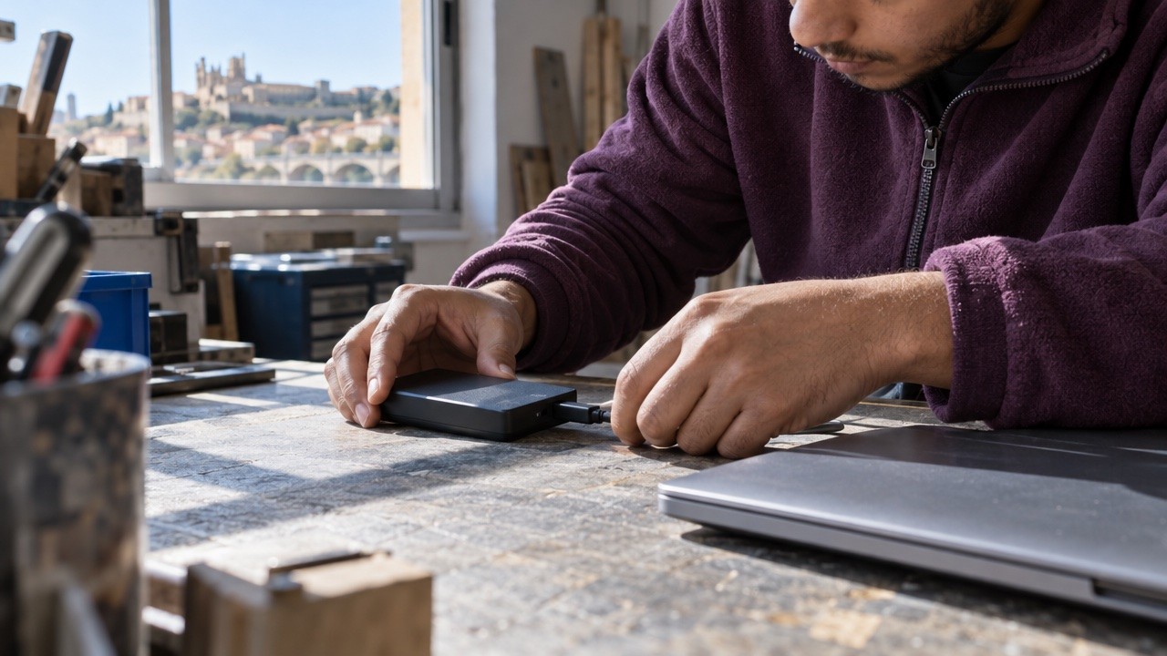Mains d’un artisan débranchant un disque dur externe de sauvegarde sur son établi, à côté d’un ordinateur portable fermé