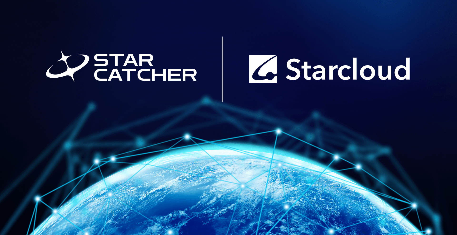 Artistic representation of a network in space with Star Catcher and Starcloud logos