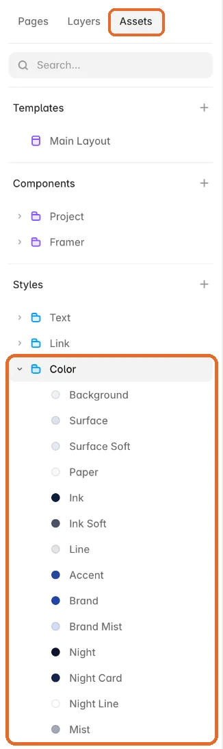 Framer Assets panel with the Color styles folder open