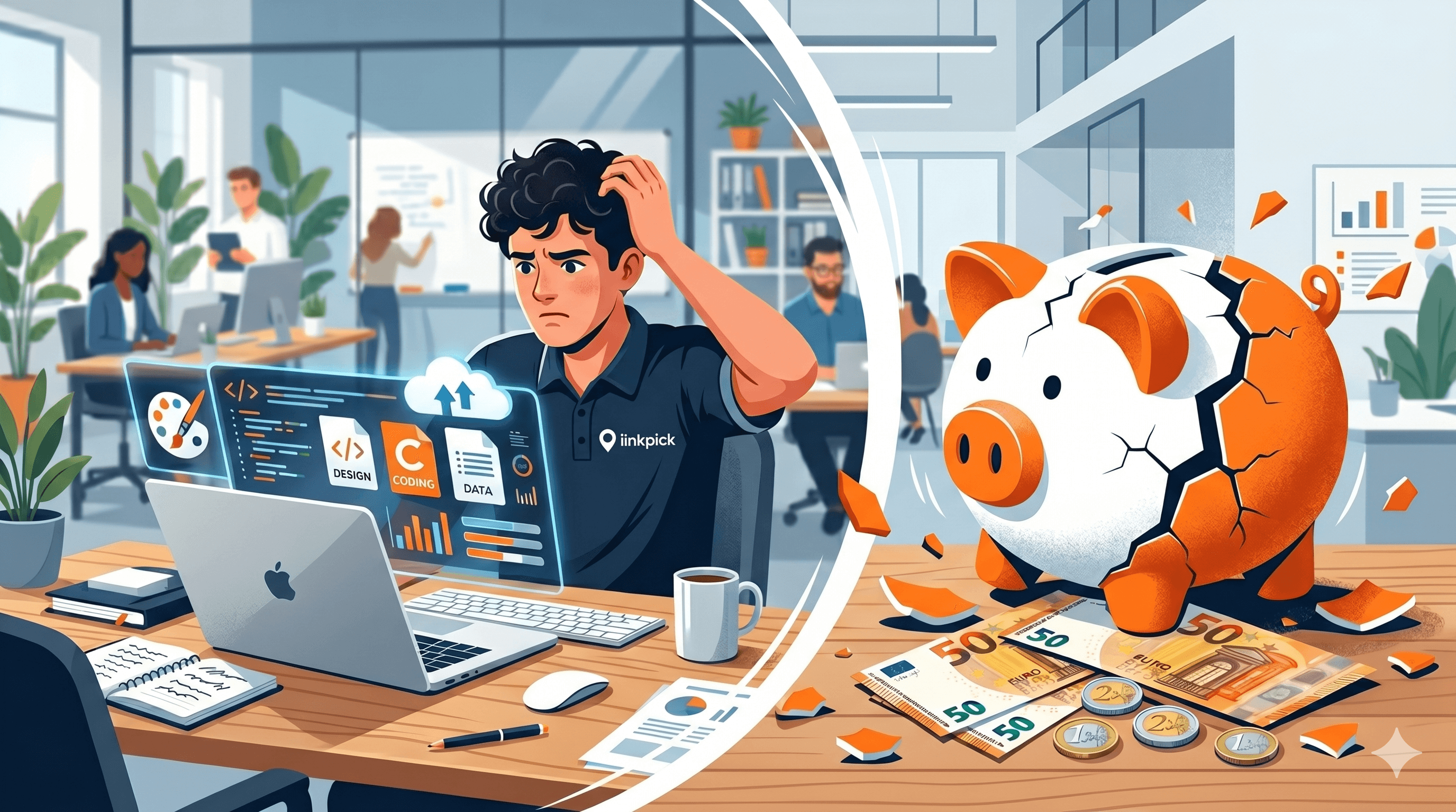 Illustration Linkpick d'un apprenti frustré devant un ordinateur puissant affichant des données complexes (code, design), à côté d'une tirelire cassée et de billets de banque, symbolisant la baisse de l'aide équipement apprenti à 200 euros en 2026.