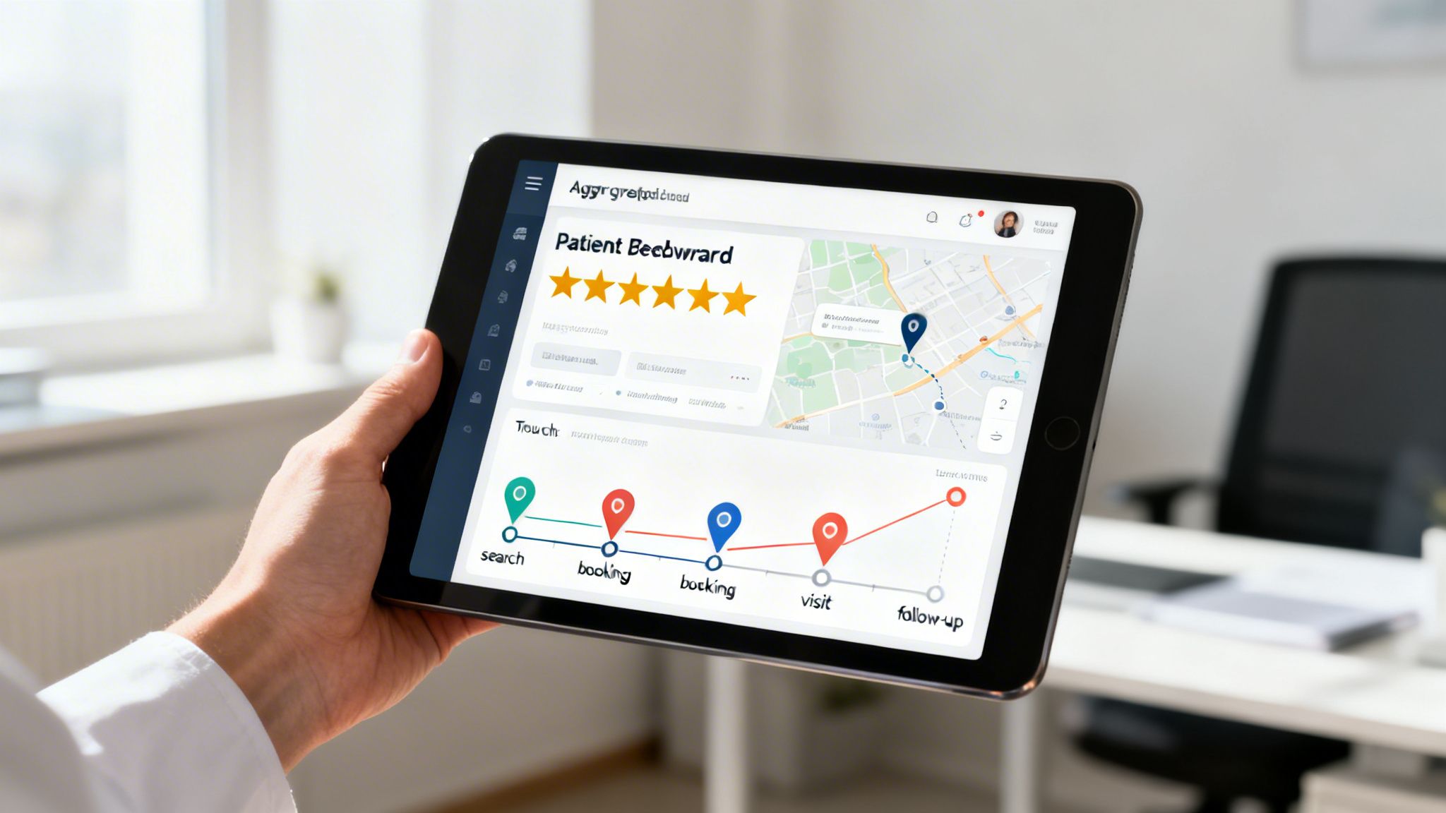 Person holding a tablet displaying a patient dashboard with a five-star rating, map, and patient journey.